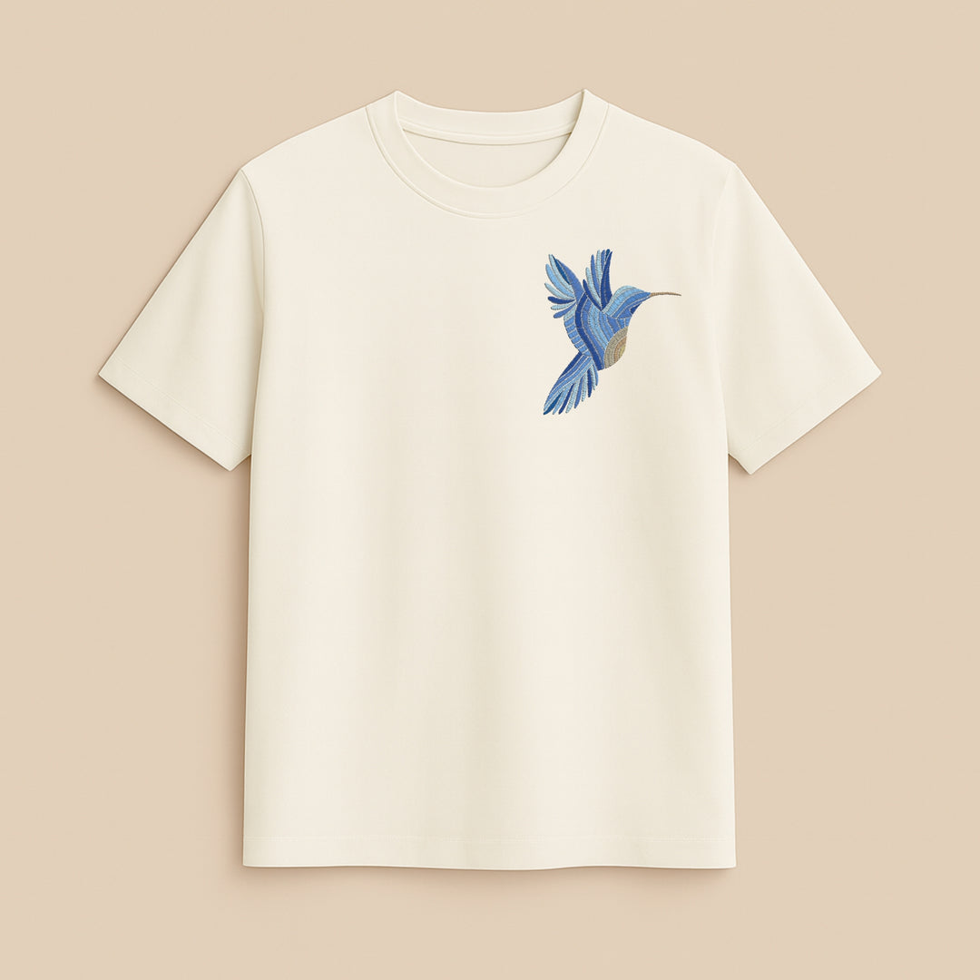 dreamwithreem cream short sleeve custom tshirt with small blue hummingbird embroidery on chest personalized fashion t-shirt