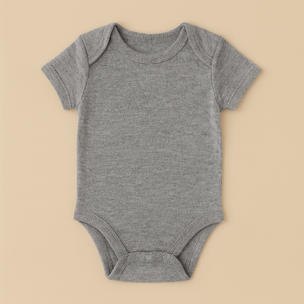 Gray ribbed cotton personalized infant bodysuit short sleeve snap closure laid flat on beige background