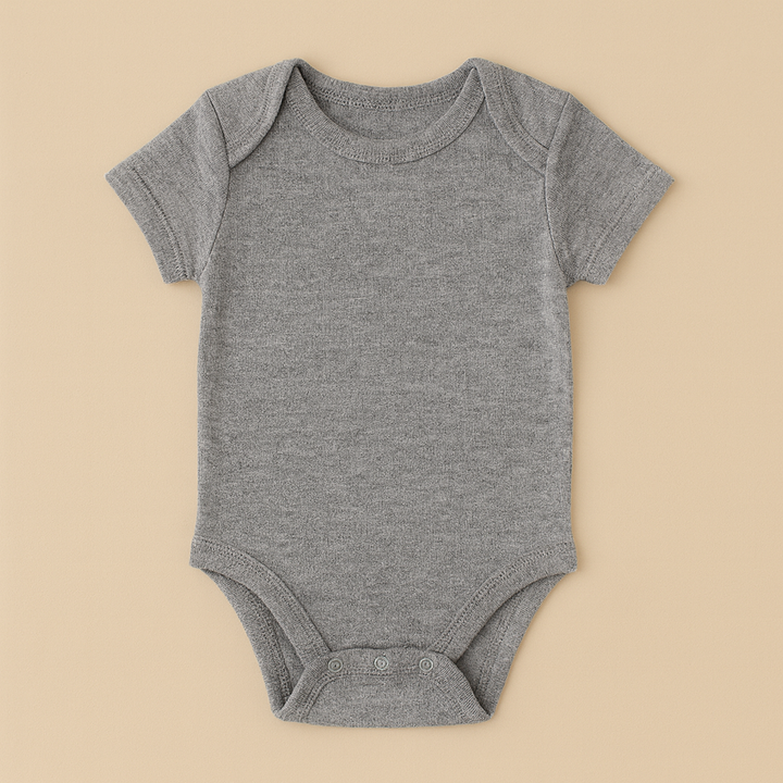 Gray ribbed cotton personalized infant bodysuit short sleeve snap closure laid flat on beige background