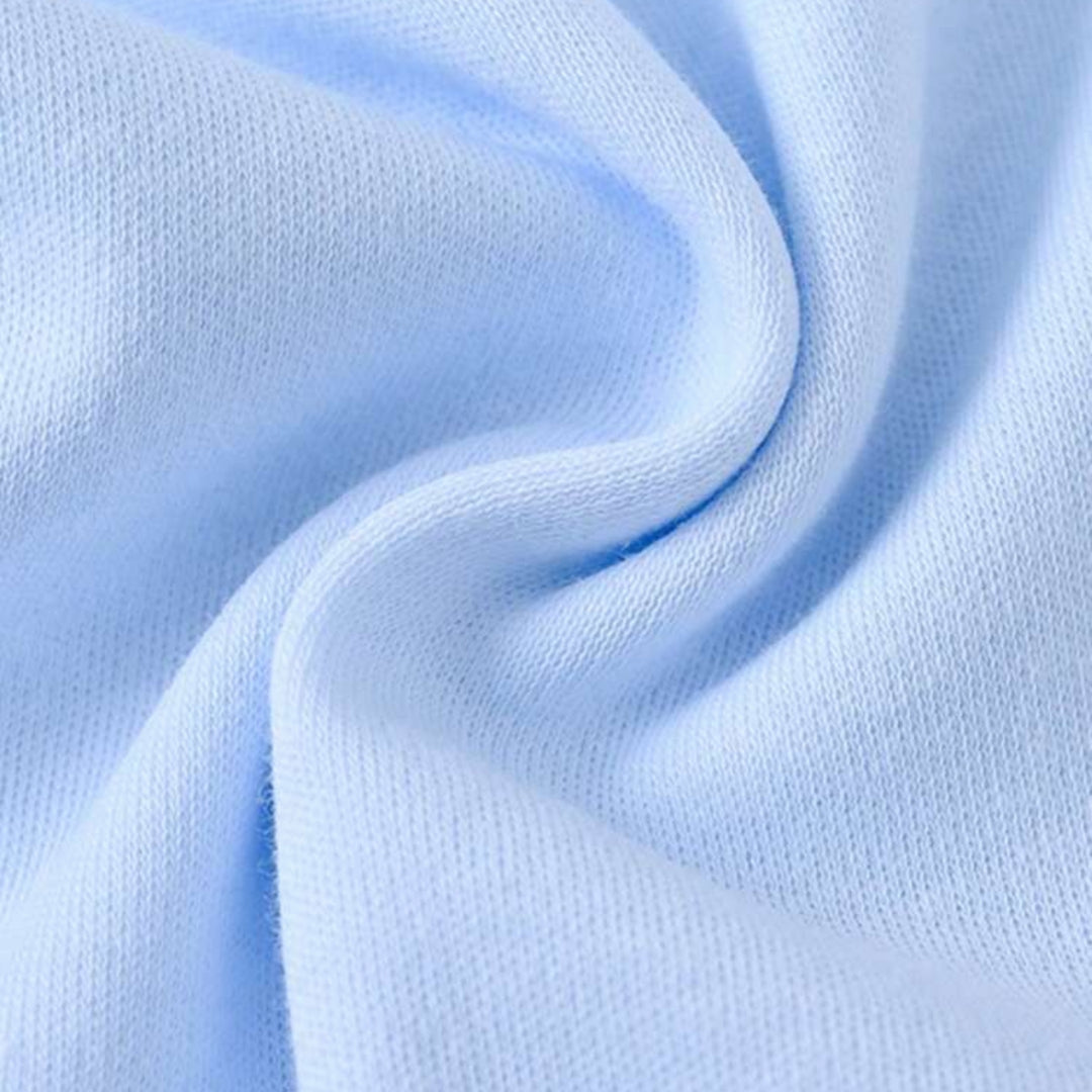 Light blue soft cotton knit fabric closeup for personalized infant bodysuit showing texture and stretch