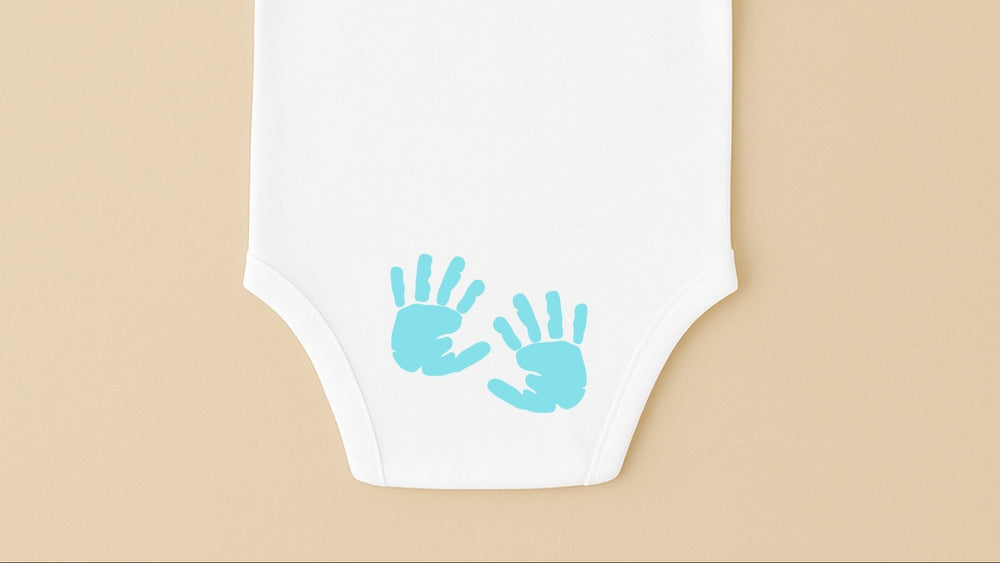 White short sleeve personalized infant bodysuit with blue handprint prints on back for baby
