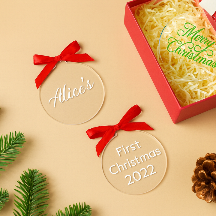 Personalized unique Christmas bauble gift set with custom names and festive ribbons for holiday decor