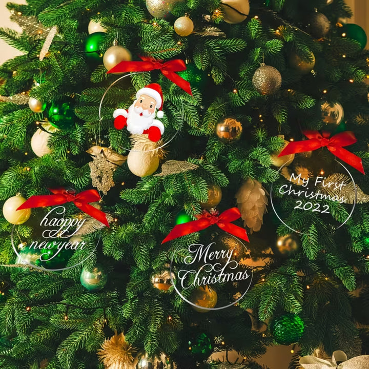 Unique Christmas bauble gift featuring Santa and festive messages on a decorated Christmas tree