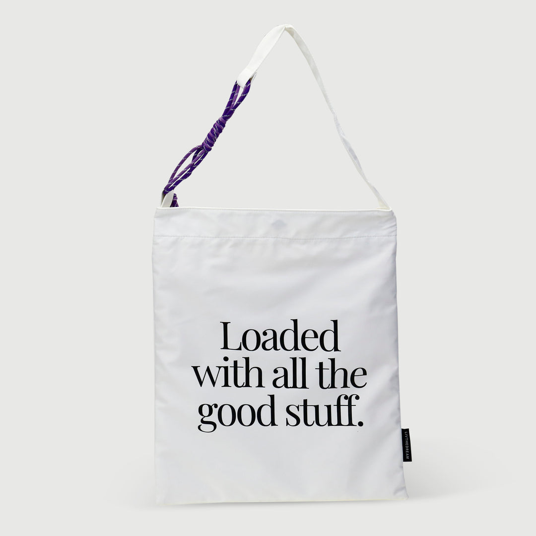 dreamwithreem unique fashion tote bag in white with black text loaded with all the good stuff