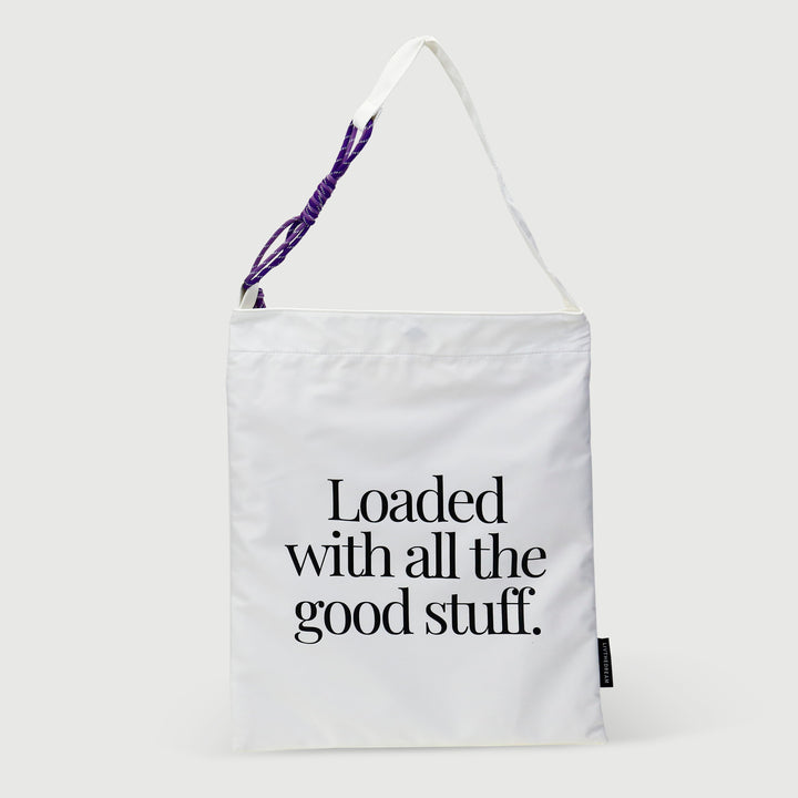 dreamwithreem unique fashion tote bag in white with black text loaded with all the good stuff
