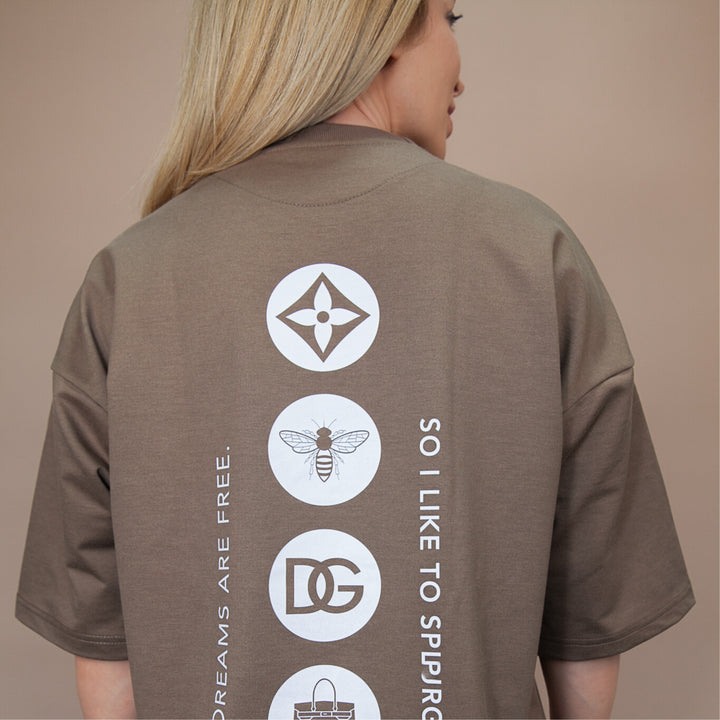 Brown unique streetwear tee featuring graphics and motivational text on the back