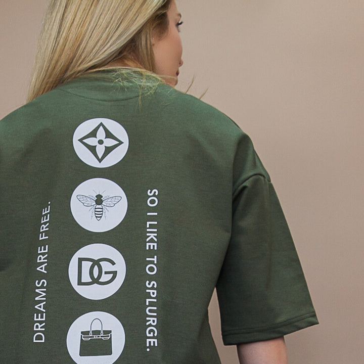 Custom olive green t-shirt featuring unique streetwear tee design with inspirational graphics on the back