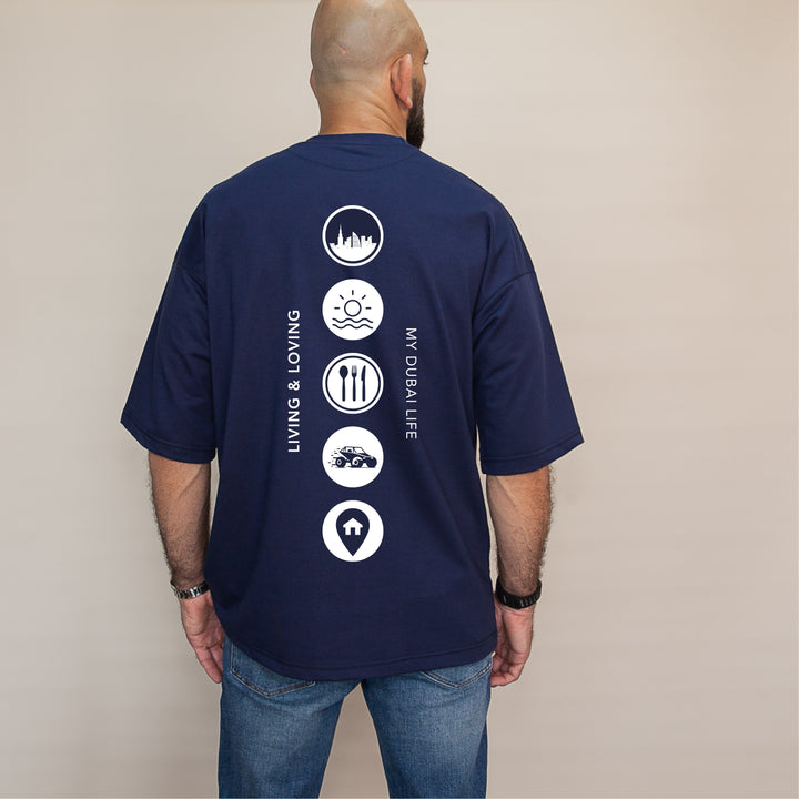Navy blue unique streetwear tee featuring Dubai icons and text on the back for stylish casual wear