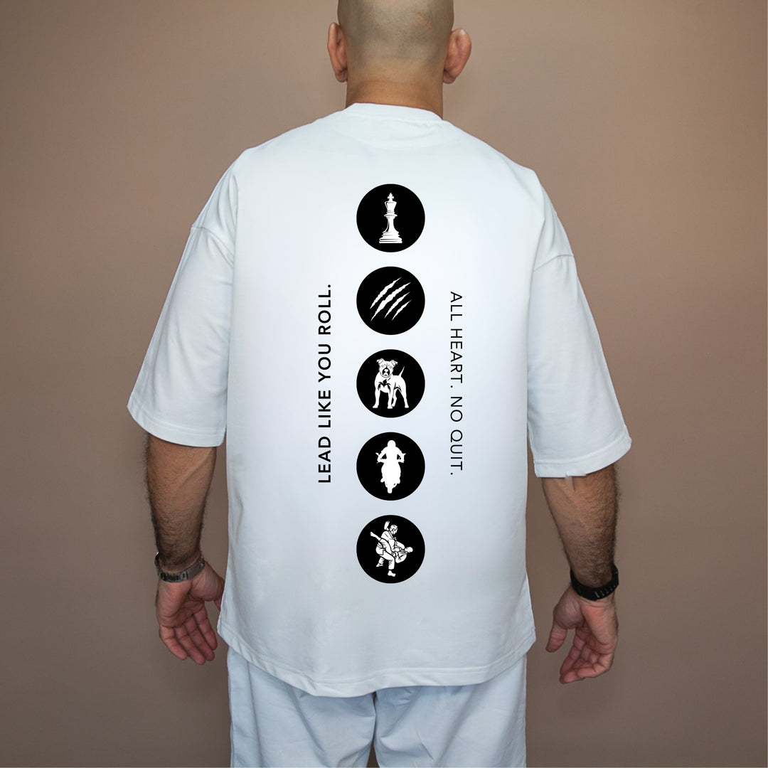 Custom white unique streetwear tee featuring bold graphics and motivational text on the back