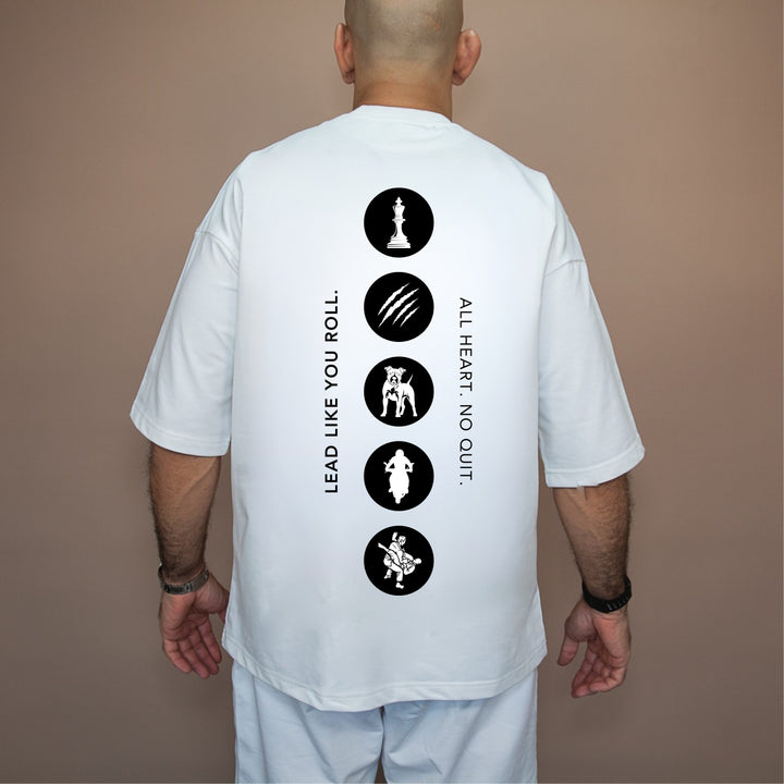 Custom white unique streetwear tee featuring bold graphics and motivational text on the back