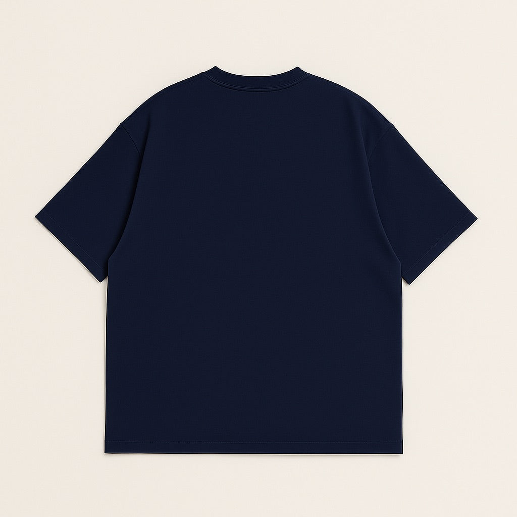 Back view of navy blue custom oversized tee with short sleeves and a relaxed fit