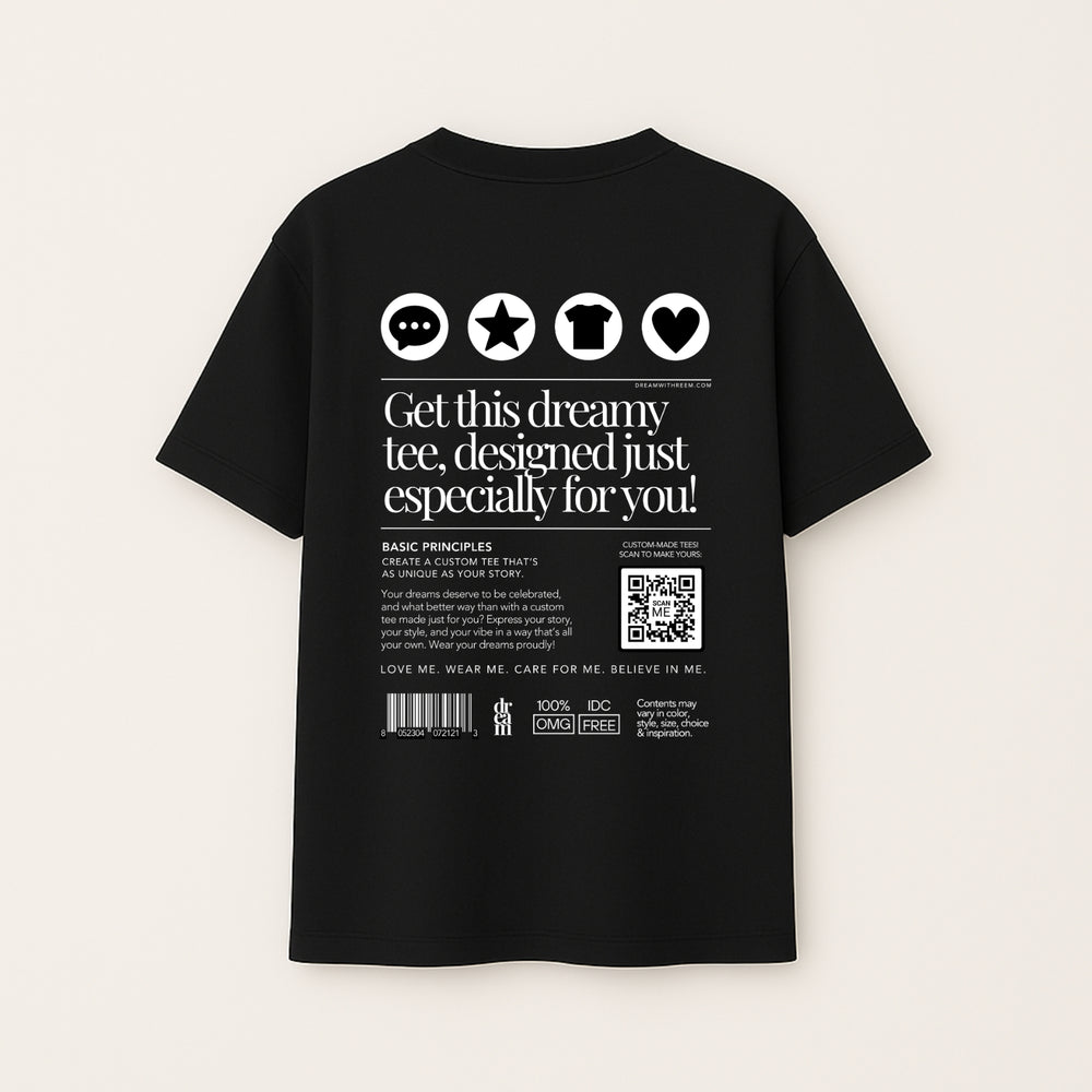 Black custom statement t-shirt from dreamwithreem with white text and icons on the back