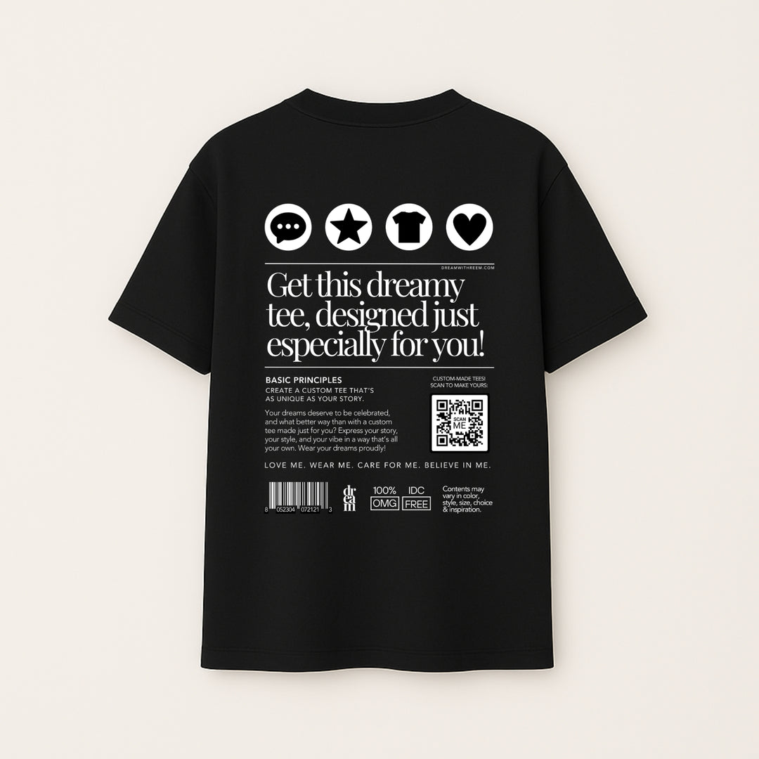 Black custom statement t-shirt from dreamwithreem with white text and icons on the back