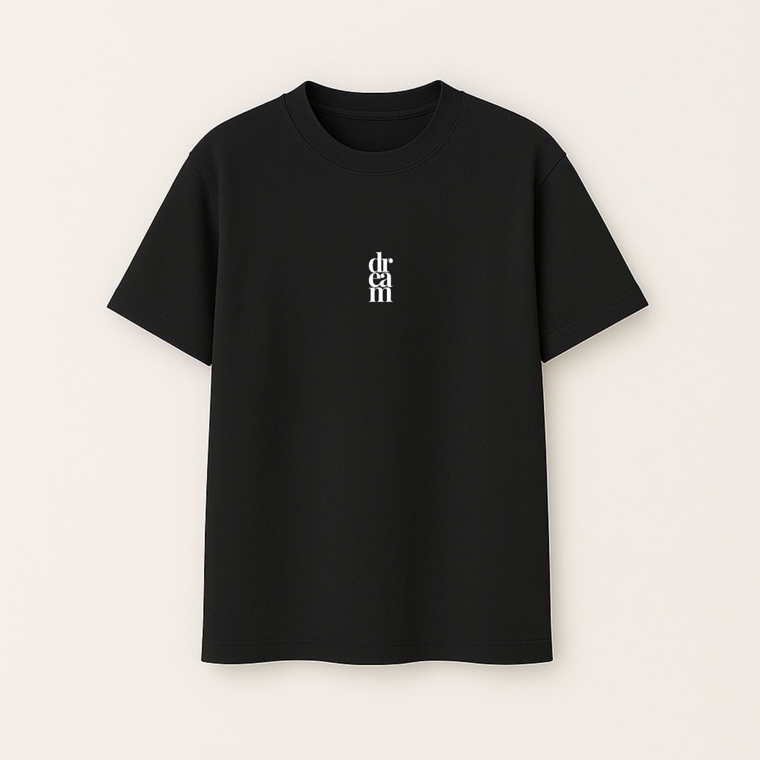 Black custom statement t-shirt by dreamwithreem with small white vertical text design on front