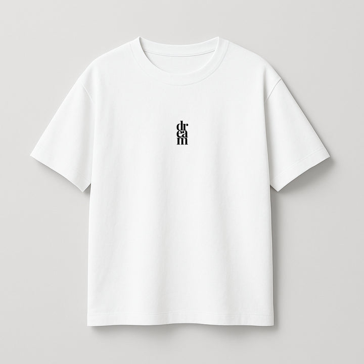 White custom statement t-shirt from dreamwithreem with small black vertical text design on front