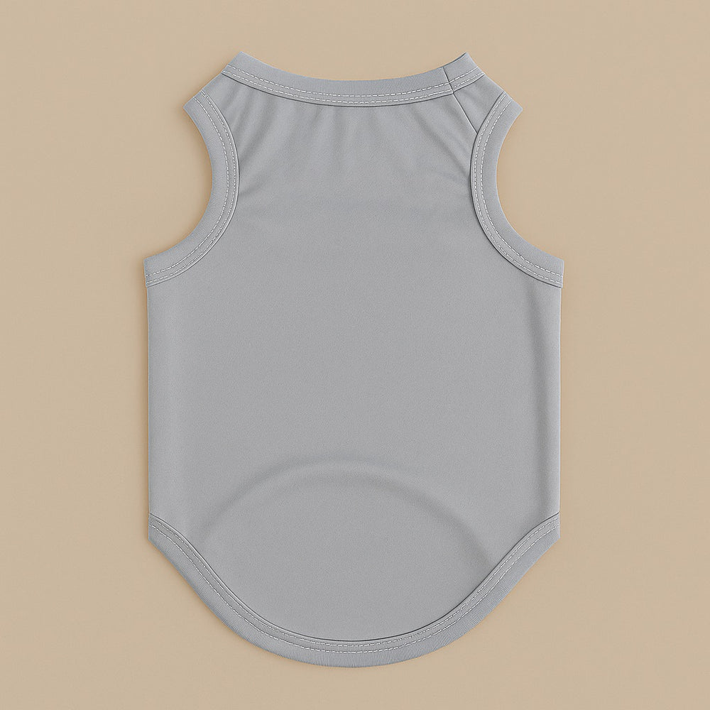 Gray sleeveless personalized pet clothing made by dreamwithreem displayed flat on beige background