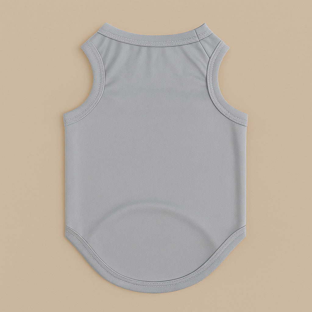 Gray sleeveless personalized pet clothing made by dreamwithreem displayed flat on beige background