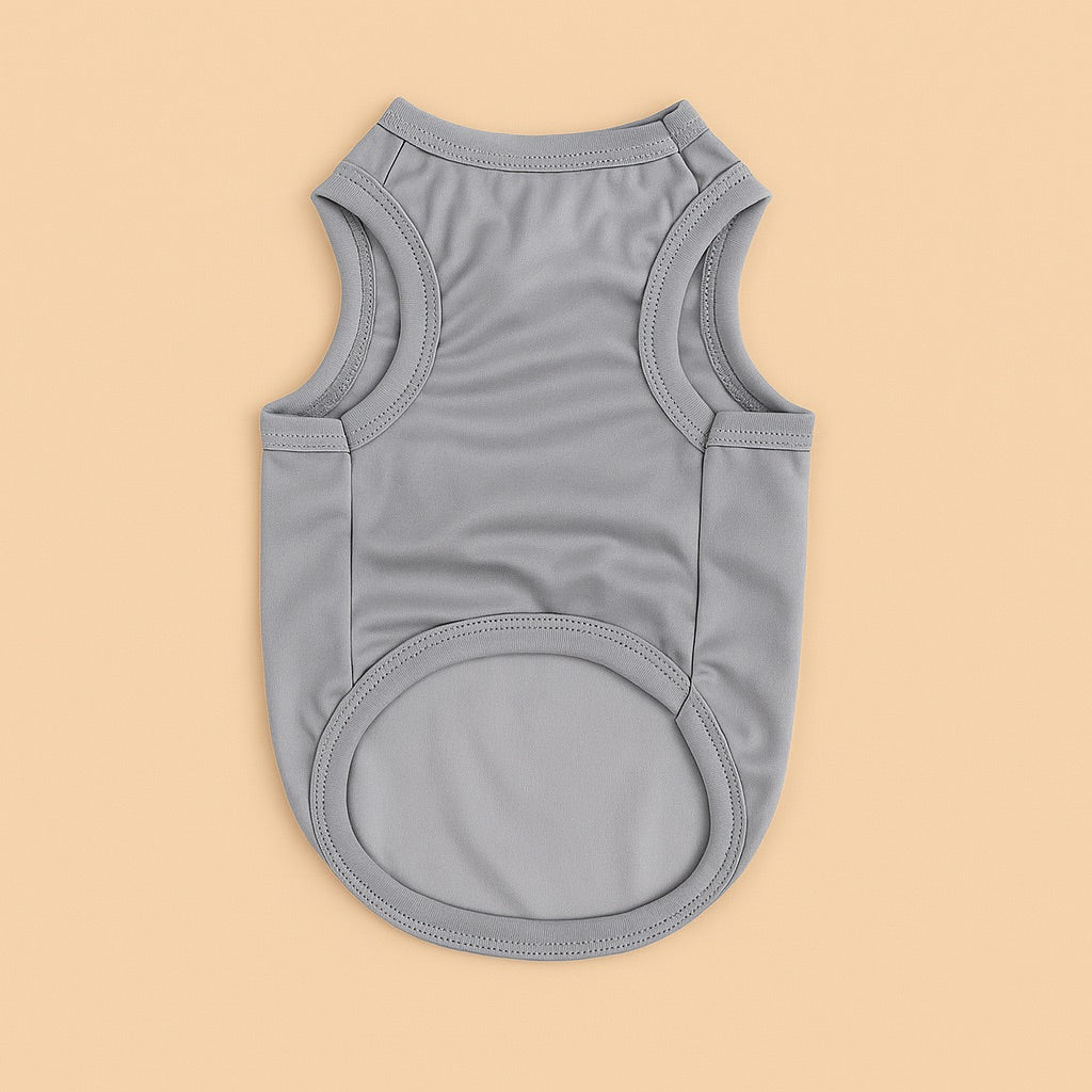 Gray sleeveless pet shirt showcasing personalized pet clothing by dreamwithreem on beige background